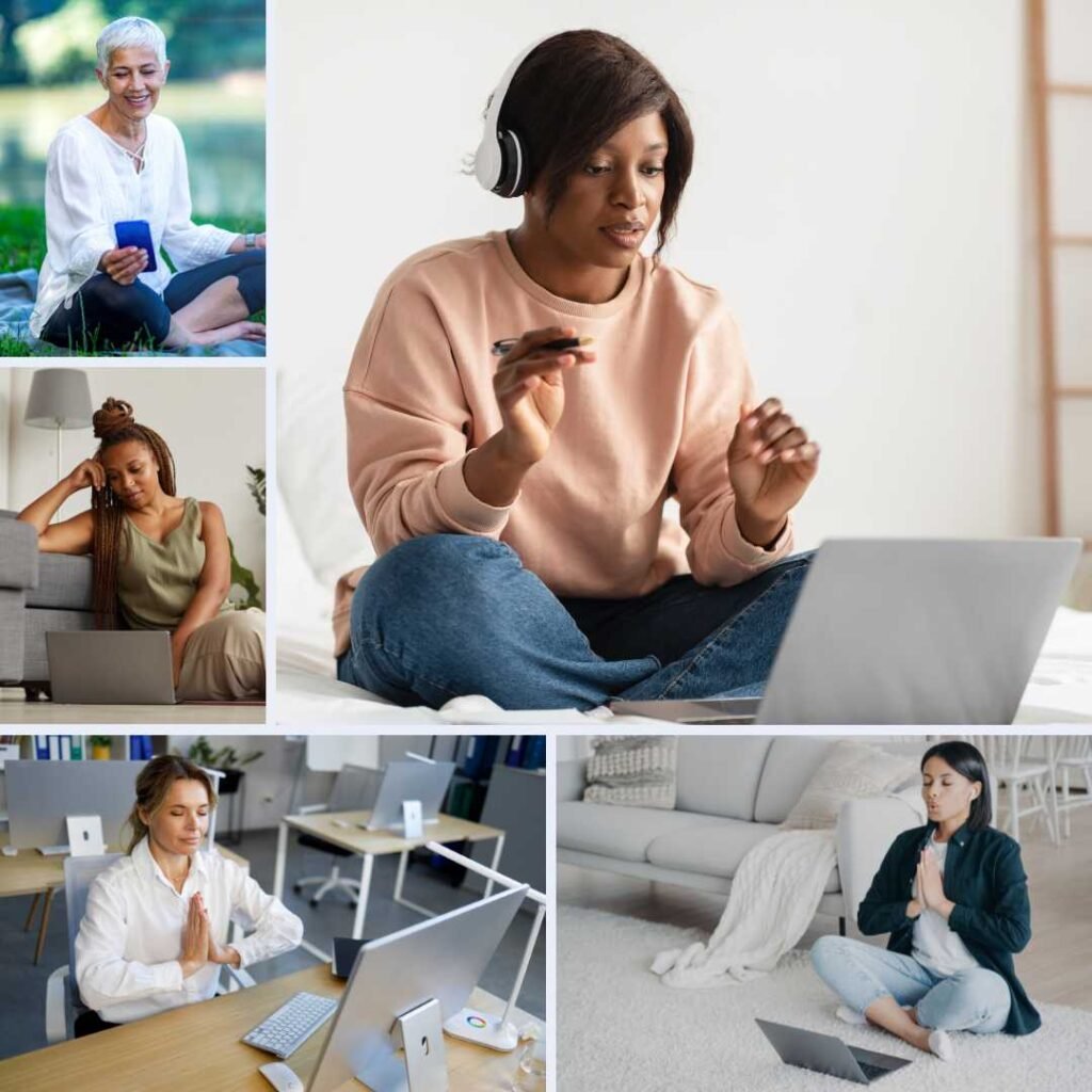 Collage of five women executives taking online mindfulness course